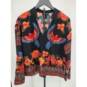 Rachel Zoe Womens Small Black Parrot Floral Tassel V-Neck Blouse Long Sleeve Top